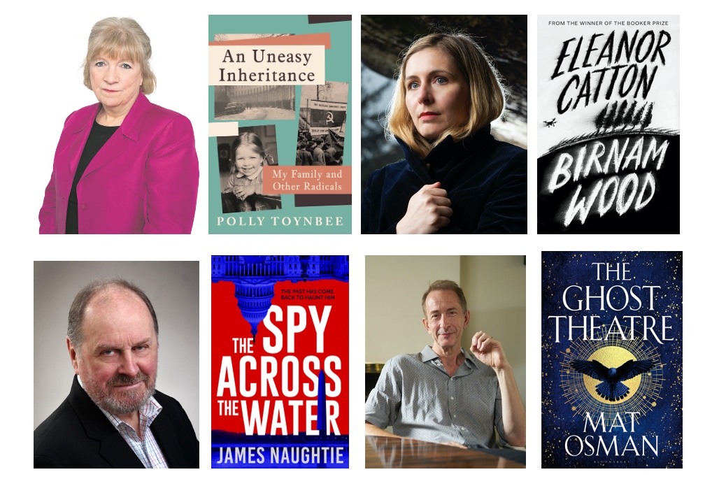 Author photos of Polly Toynbee, Eleanor Catton, James Naughtie and Mat Osman alongside their book covers