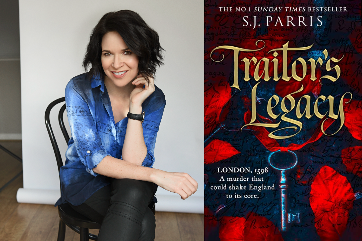 Photo of SJ Parris alongside book cover image of Traitor's Legacy