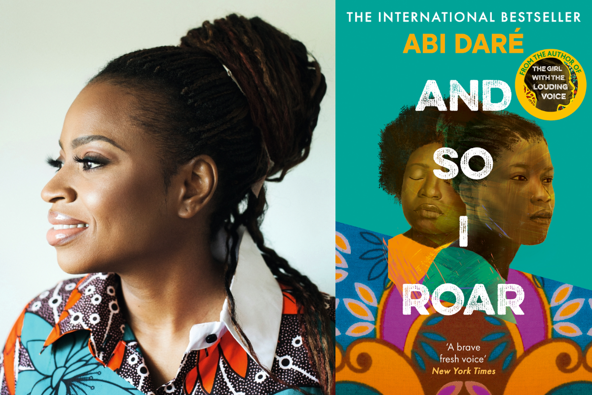 Photo of Abi Daré alongside image of book cover for And So I Roar