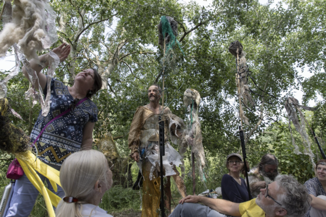 Seven people, most sat on the floor outdoors surrounded by green trees looking at materials attached to stakes.